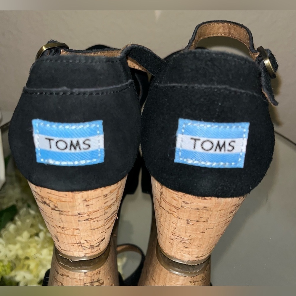 TOMS Black Suede and Cork Wedge Sandals